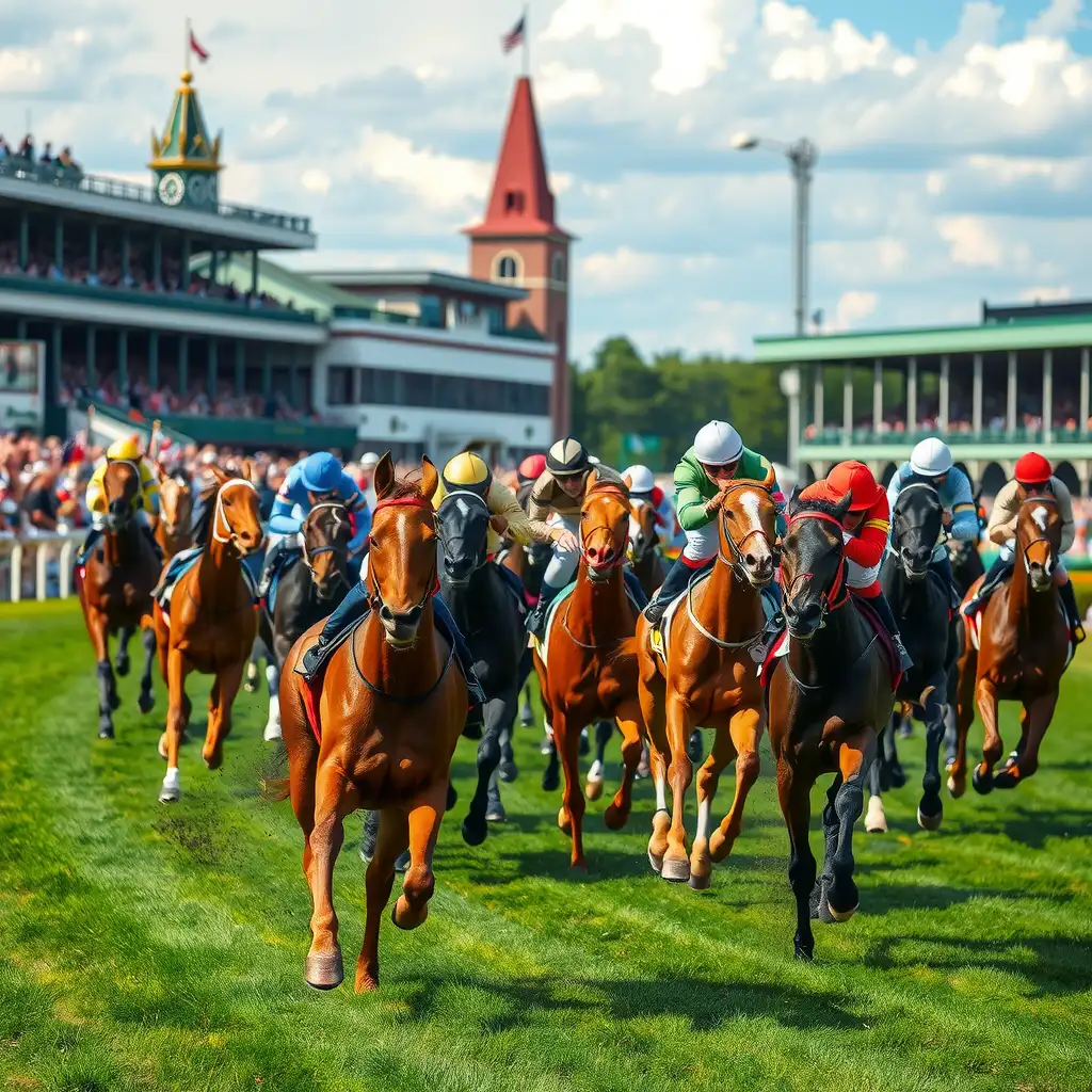 Mage racing ahead of competitors at the 2023 Kentucky Derby, with a vibrant crowd cheering in the background and the iconic Churchill Downs visible.