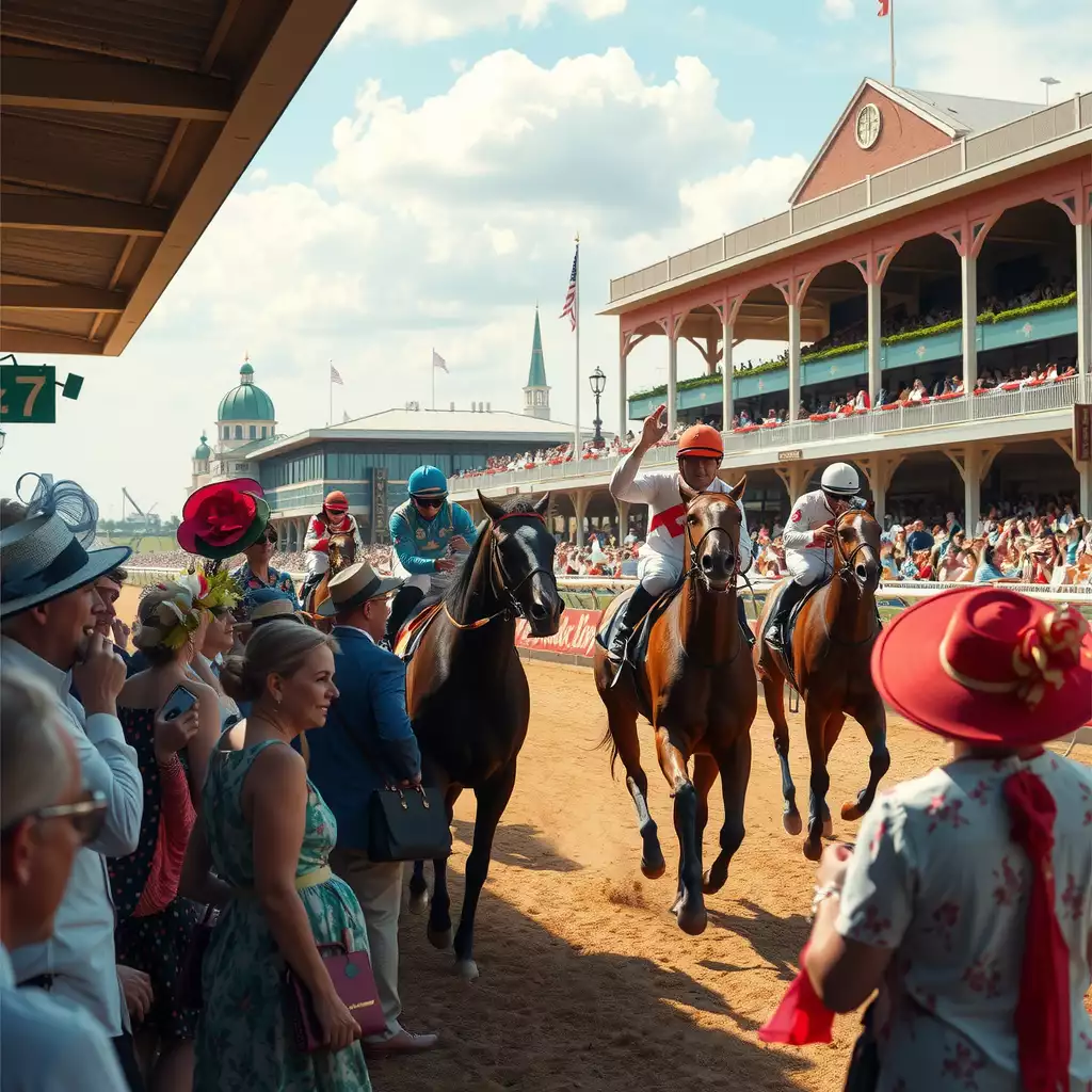 Vibrant scene of the Kentucky Derby, featuring a lively racetrack filled with enthusiastic spectators in colorful attire, stylish hats, and majestic thoroughbreds racing down the track, capturing the excitement and historical significance of this iconic event.